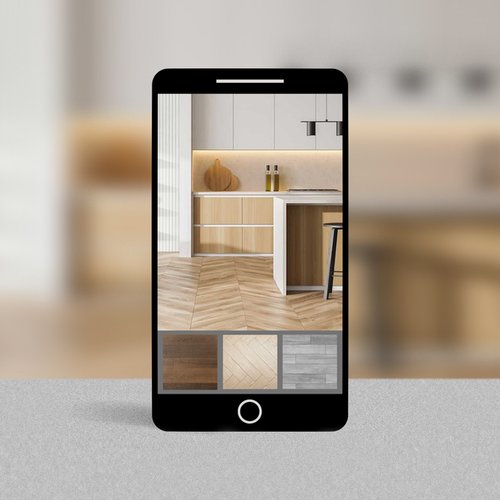 Roomvo product visualizer app on smartphone from Carpet City & Flooring Center in the Fairfield, CT area